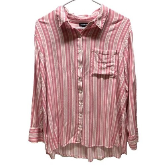 Torrid Button-Up Blouse Women's 00 (M/L) Pink White Stripe Lightweight Stretch - Picture 1 of 9